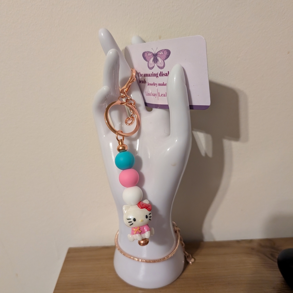 Hello Kitty Charm Keychain with Pink and Teal Beads